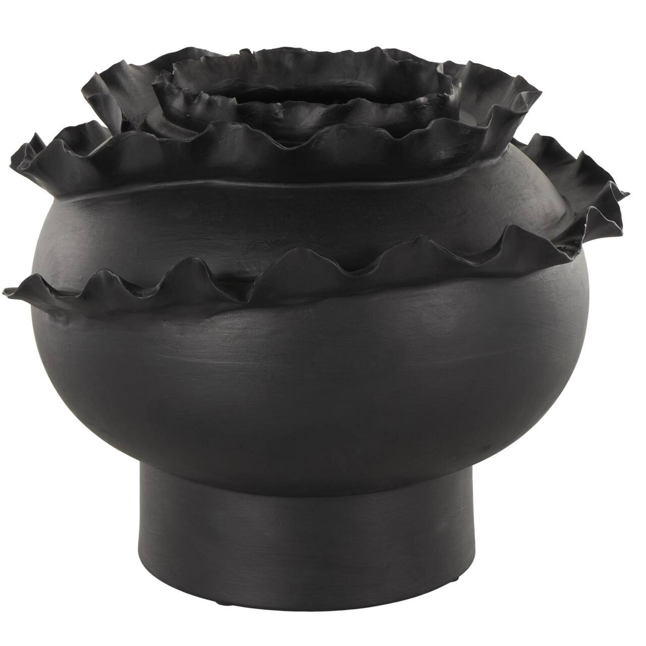 11.5" Black Wide Abstract Floral Ceramic Vase with Layered Petals